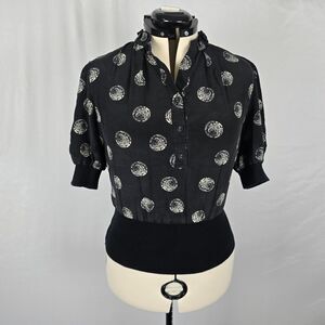 Alfani Blouse Women's 16 Black Cream Elastic Hem 1/2 Sleeve Half Button Collar